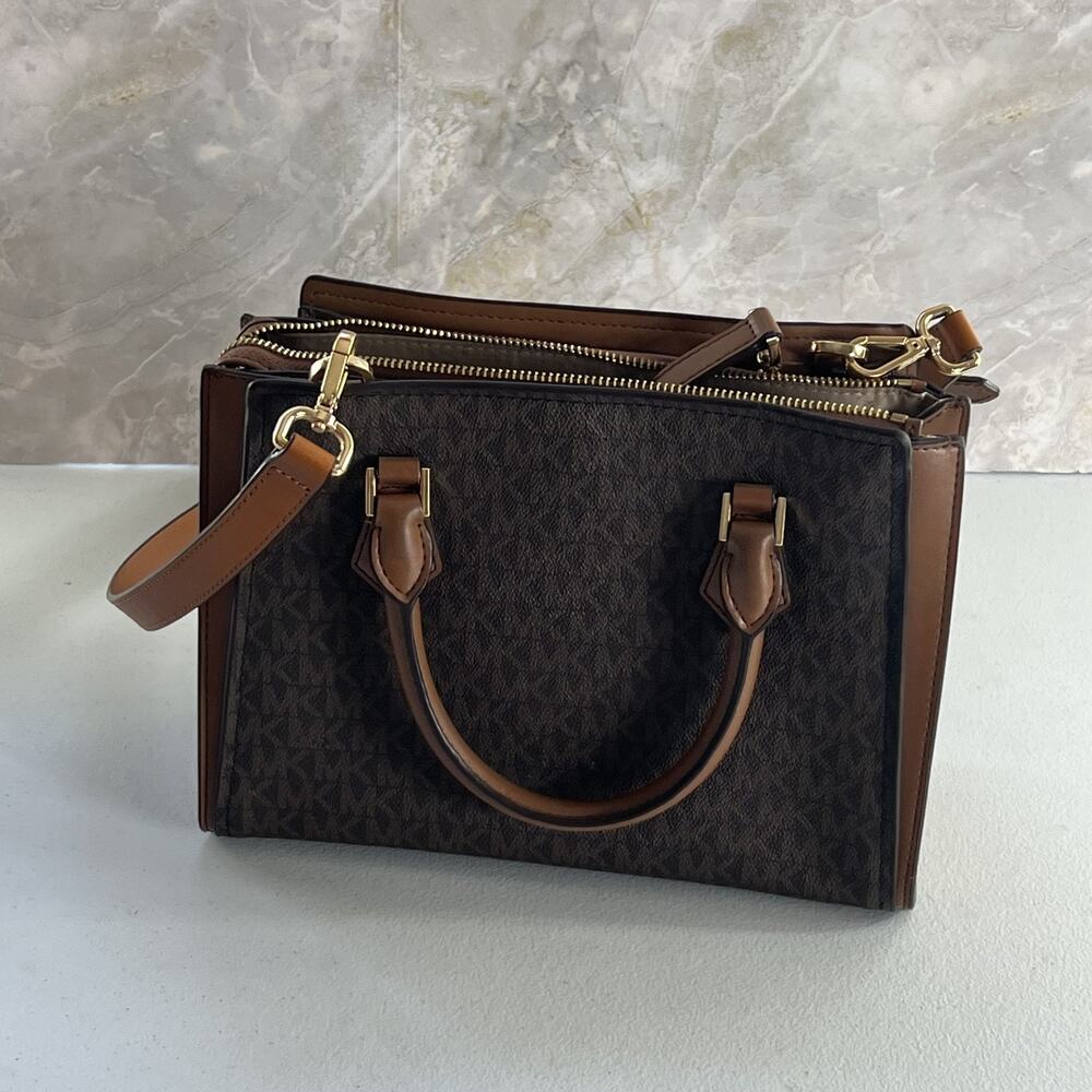Michael Kors Medium Satchel Crossbody Purse Top Handles Brown Leather Gold Hope - Picture 4 of 10